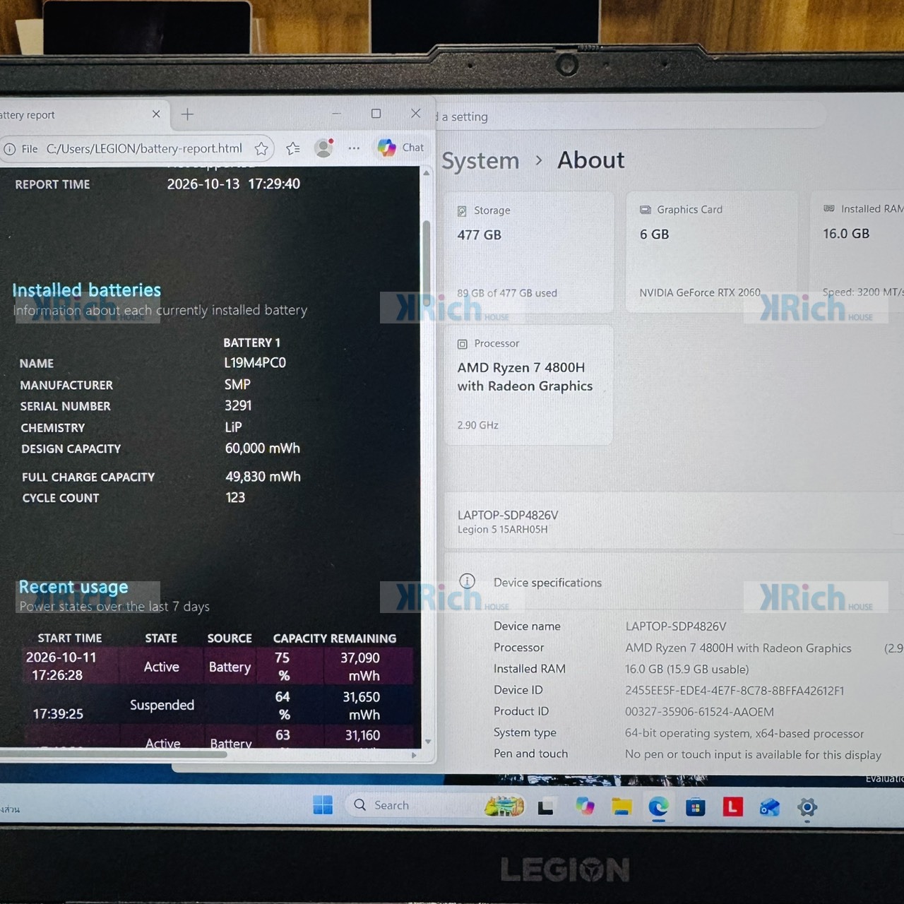 Lenovo Legion 5 15ARH05H (2020) AMD Ryzen 7 4800H 8-Core NVIDIA GeForce RTX 2060 6GB 16GB RAM 512GB SSD Used 1-Month Warranty - Image 9